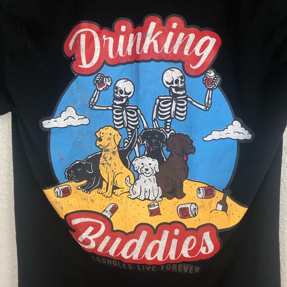 Linda Finegold ALF Live Forever Drinking Buddies Skeletons & Dogs Graphic Shirt - Picture 5 of 8